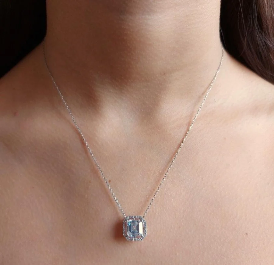 Kare Tektaş Oktagon Anturaj Pırlanta Modeli Gümüş Kadın Kolye - 1