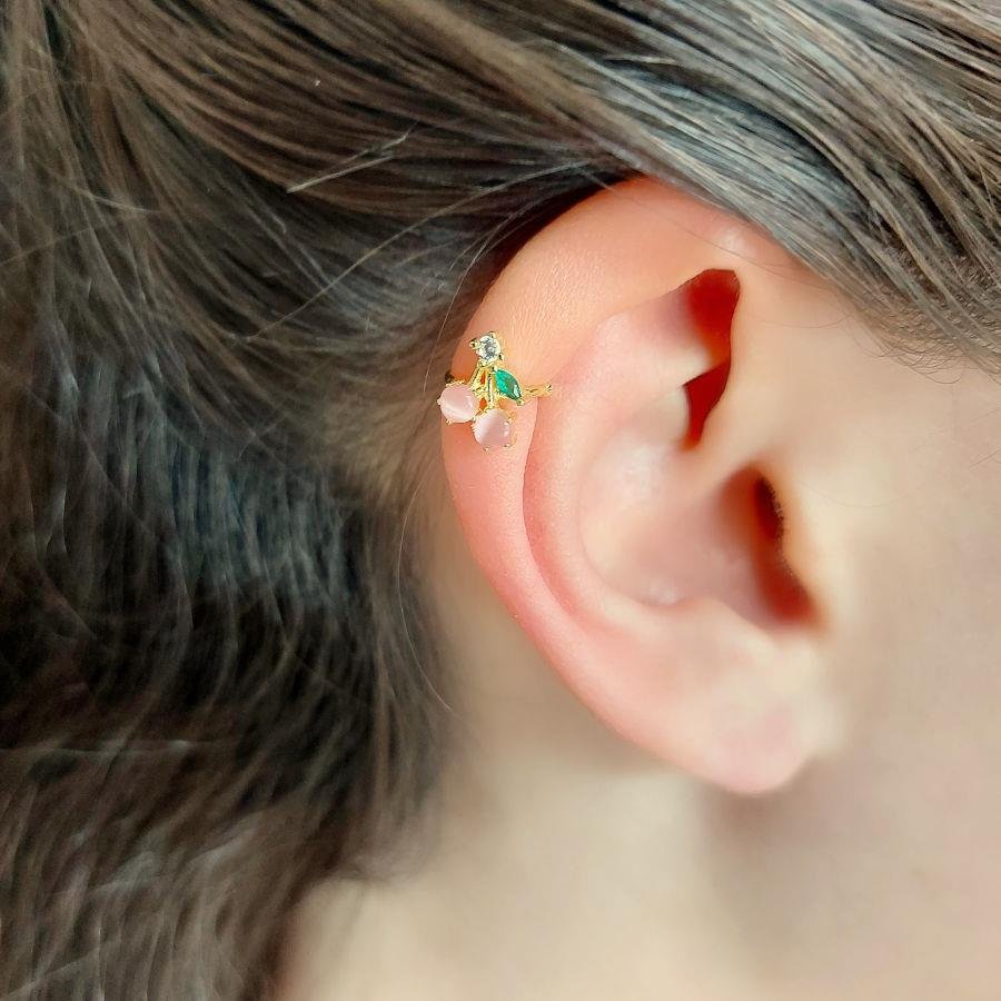 Cat's Eye Cherry Gold Cartilage Cuff Silver Women's Earrings - CNG Jewels