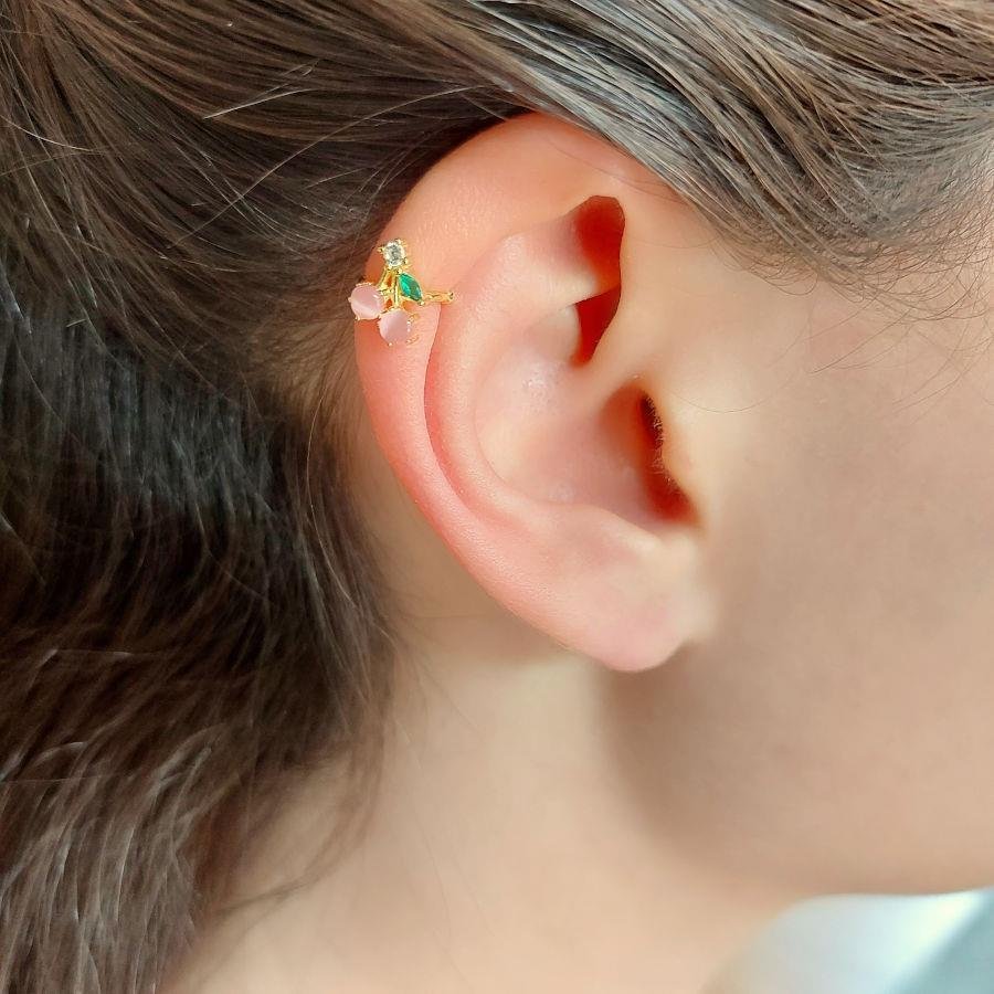 Cat's Eye Cherry Gold Cartilage Cuff Silver Women's Earrings - CNG Jewels (1)