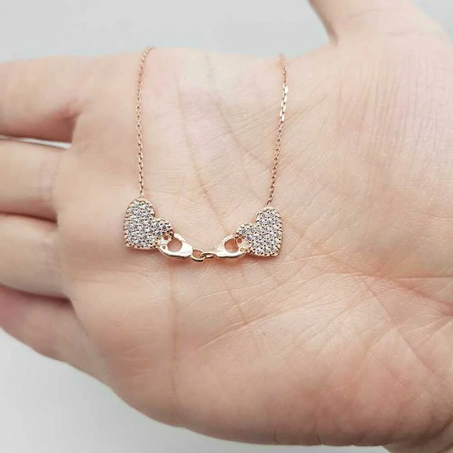 Kelepçeli İki Kalp Gümüş Kadın Kolye - 2