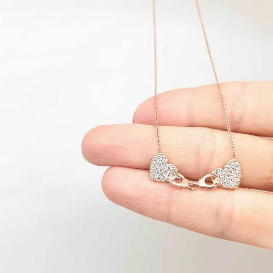 Kelepçeli İki Kalp Gümüş Kadın Kolye - 3