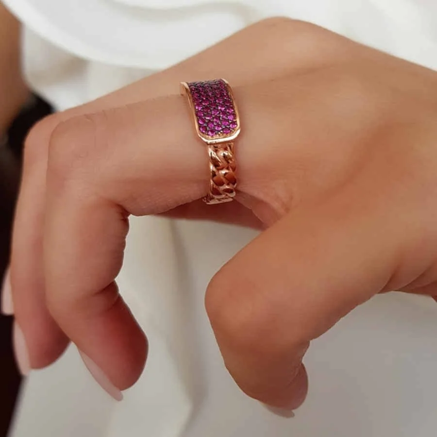 Kolu Zincir Desenli Pembe Taşlı Gümüş Kadın Yüzük - 2
