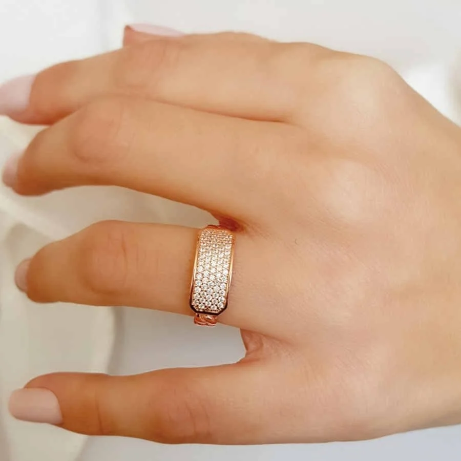 Kolu Zincir Desenli Taşlı Rosegold Gümüş Kadın Yüzük - 1