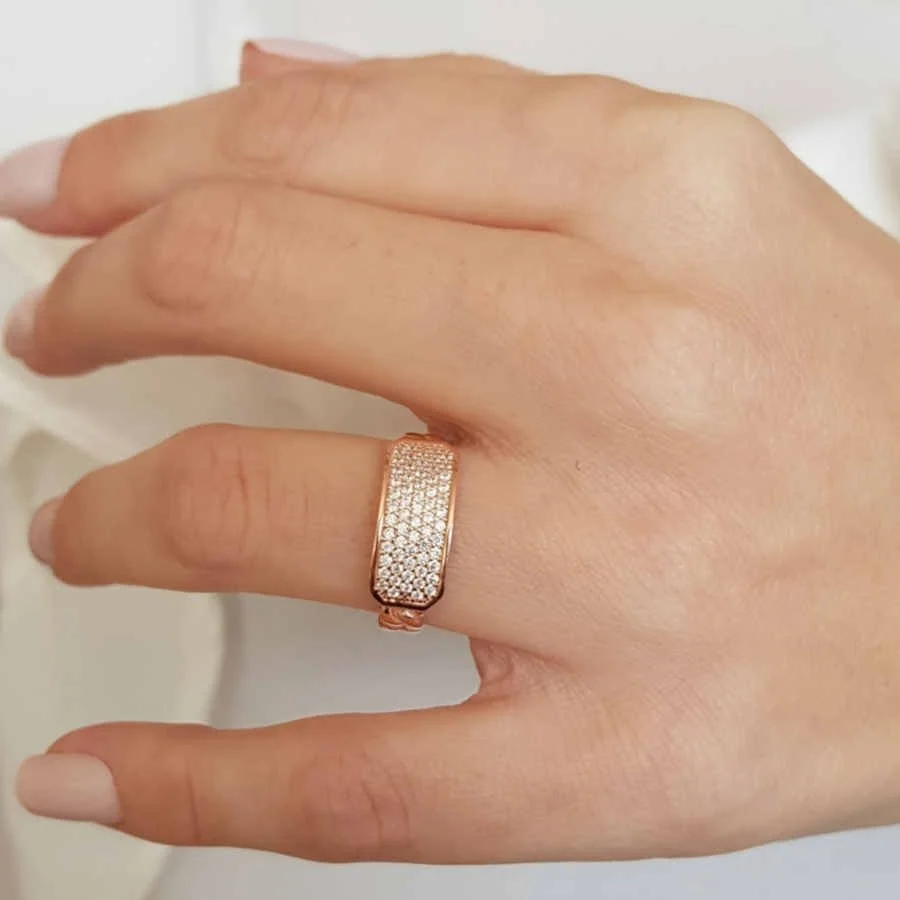 Kolu Zincir Desenli Taşlı Rosegold Gümüş Kadın Yüzük - 2