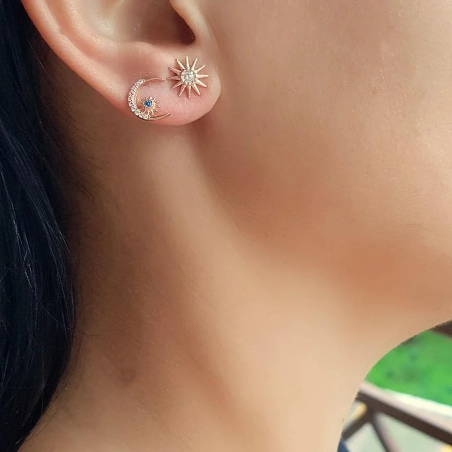 Small Stone Crescent Star Rose Silver Women's Earrings - 1