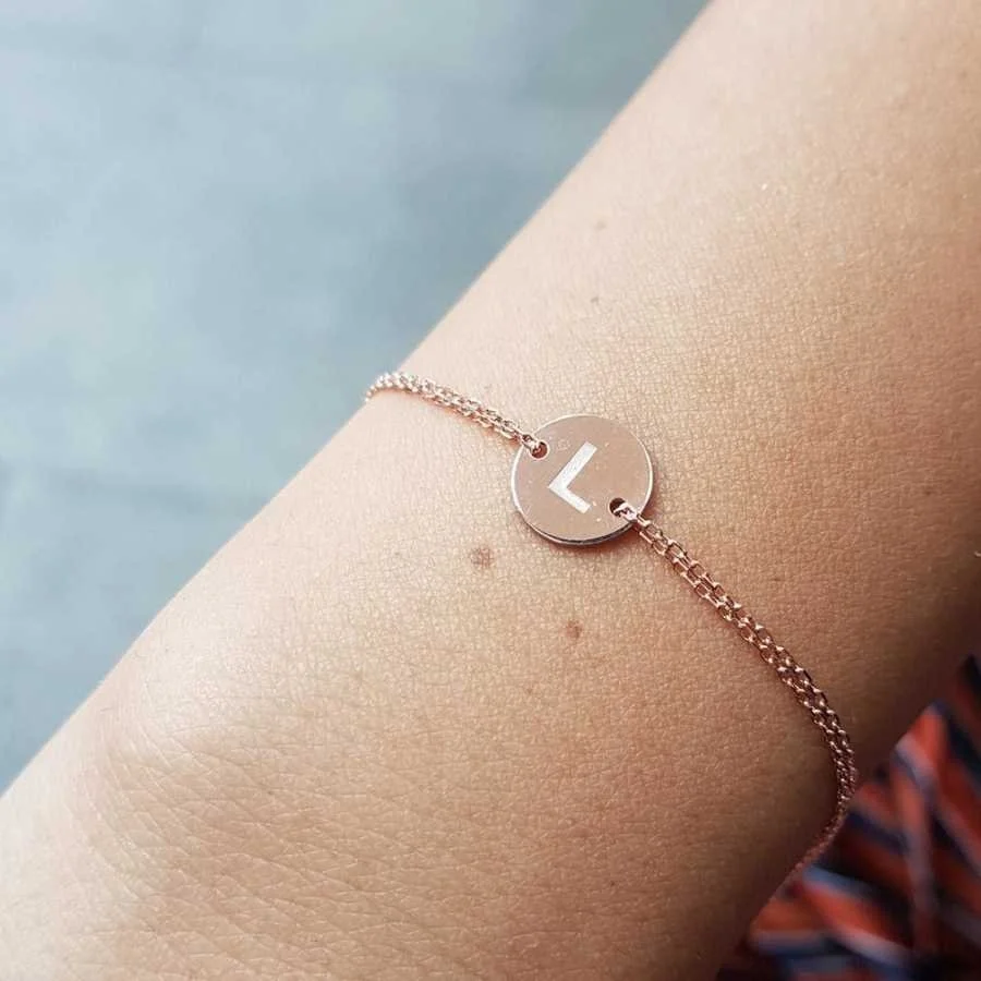 Küçük Yuvarlak Plaka L Harfi Rose Gold Gümüş Kadın Bileklik - 1