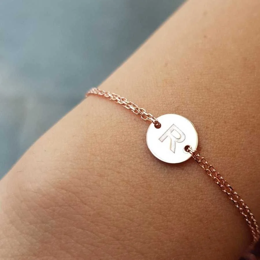 Küçük Yuvarlak Plaka R Harfi Rose Gold Gümüş Kadın Bileklik - 1