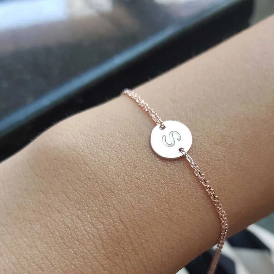 Küçük Yuvarlak Plaka S Harfi Rose Gold Gümüş Bayan Bileklik