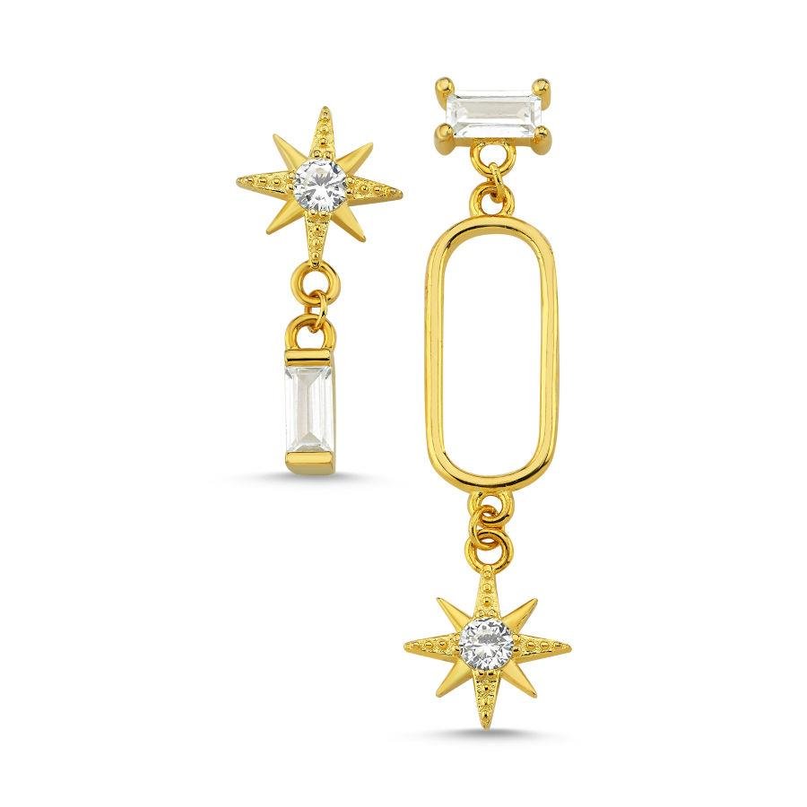 Asymmetric Gold Silver Women's Earrings with Pole Star Baguette Stone - CNG Jewels