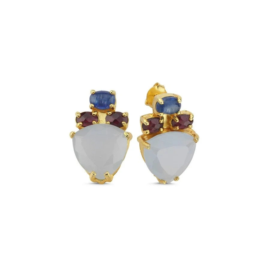 Kyanit Granat Kalsedon Taşlı Tasarım Gümüş Kadın Küpe - 1