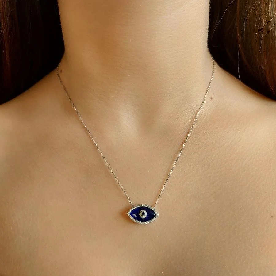 Navy Blue Almond Eye Silver Women's Necklace - 2