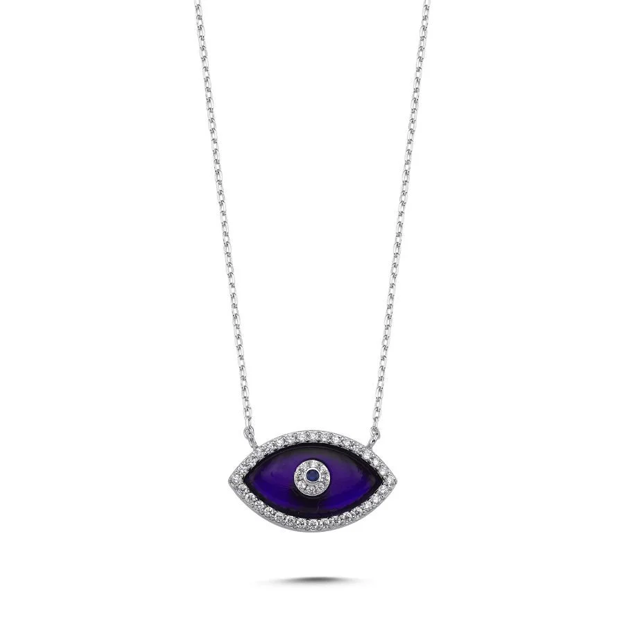 Navy Blue Almond Eye Silver Women's Necklace - 1