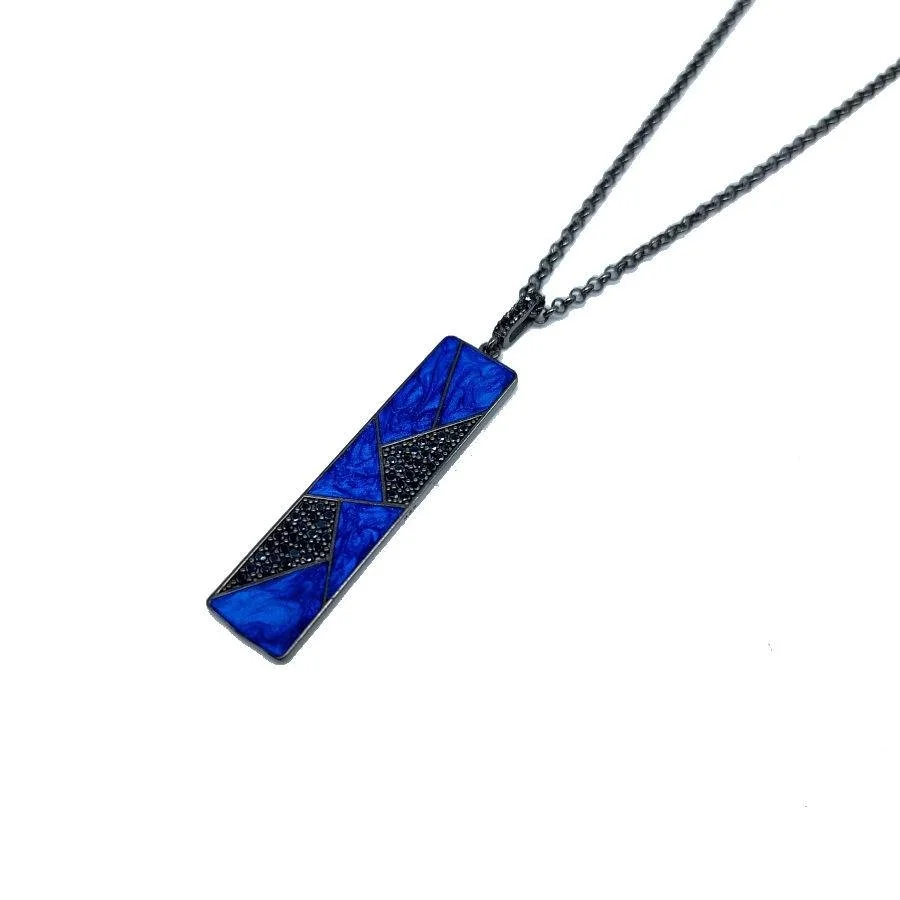 Lacivert Mermer Desenli Dikdörtgen Çubuk Erkek Gümüş Kolye - 2