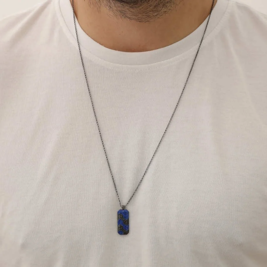Lacivert Mermer Desenli Oktagon Plaka Erkek Gümüş Kolye - 3