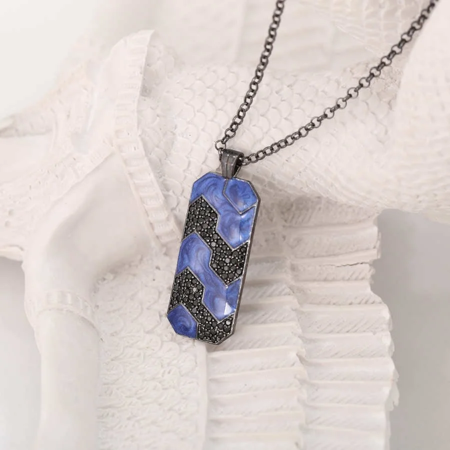 Lacivert Mermer Desenli Oktagon Plaka Erkek Gümüş Kolye - 4