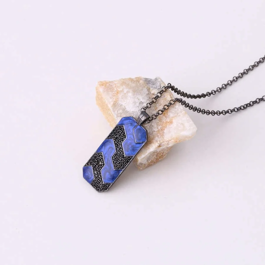 Lacivert Mermer Desenli Oktagon Plaka Erkek Gümüş Kolye - 2