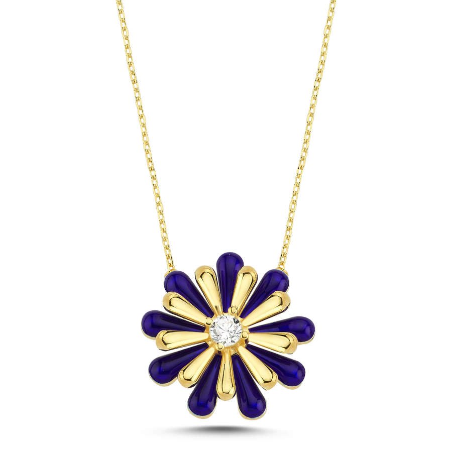 Navy Blue Enamel Daisy Design Women's Silver Necklace - CNG Jewels