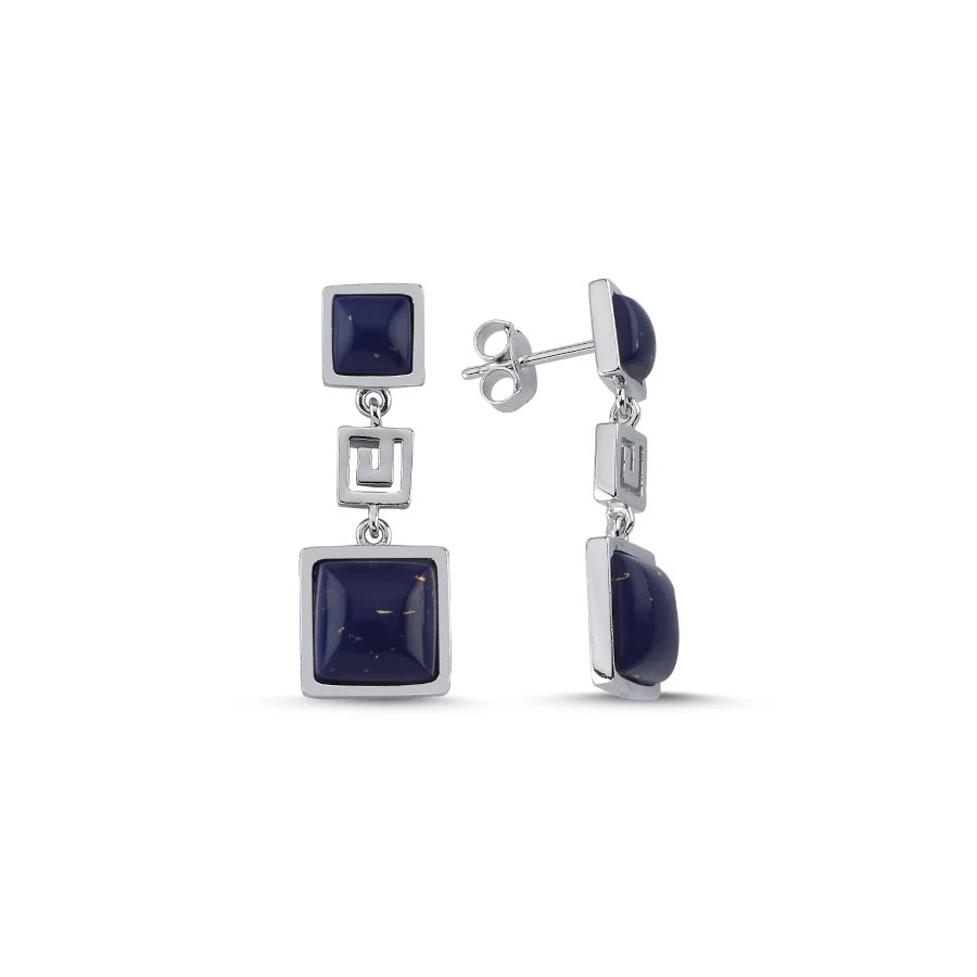 Lapis Lazuli Kare Taşlı Sallantılı Kadın Gümüş Küpe