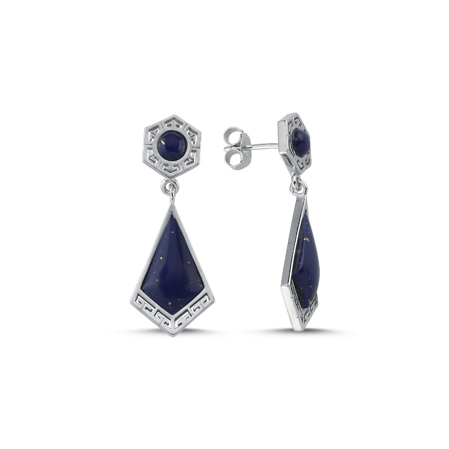Lapis Lazuli Üçgen Taşlı Sallantılı Kadın Gümüş Küpe - CNG Jewels