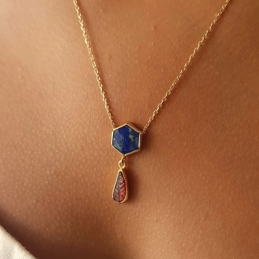 Lapis Lazuli Yaprak Desen Granat Tasarım Kadın Gümüş Kolye