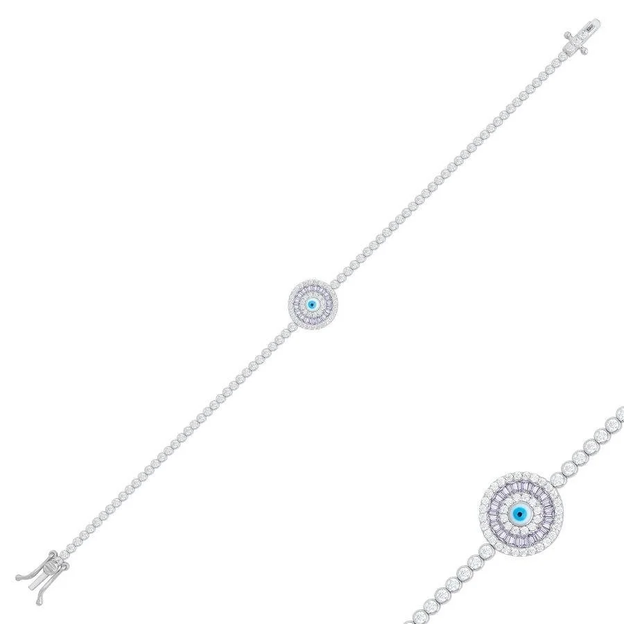 Lilac Baguette Evil Eye Beaded Silver Waterway Bracelet - 1