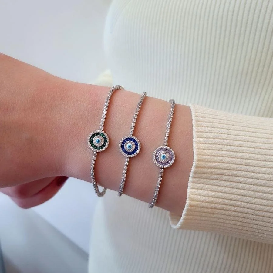 Lilac Baguette Evil Eye Beaded Silver Waterway Bracelet - 2