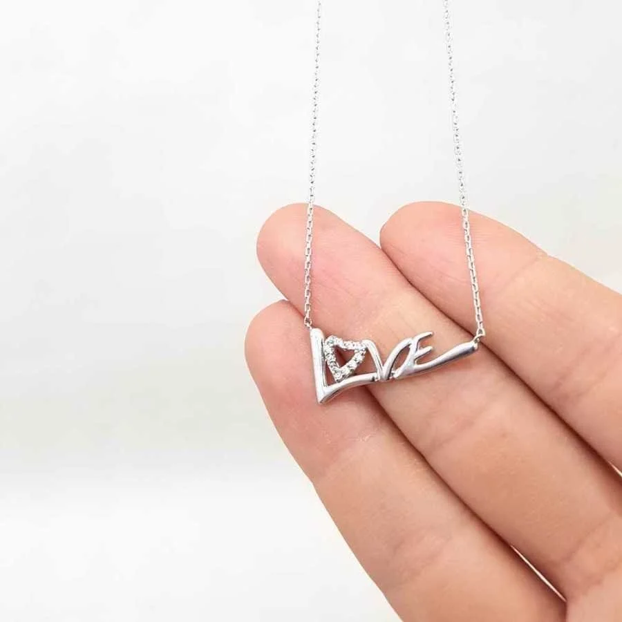 Love Yazılı Kalpli Gümüş Kadın Kolye - 2