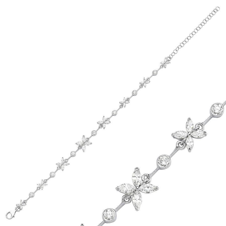 Marquise Rose Stone Drained Waterway Silver Women's Bracelet - CNG Jewels