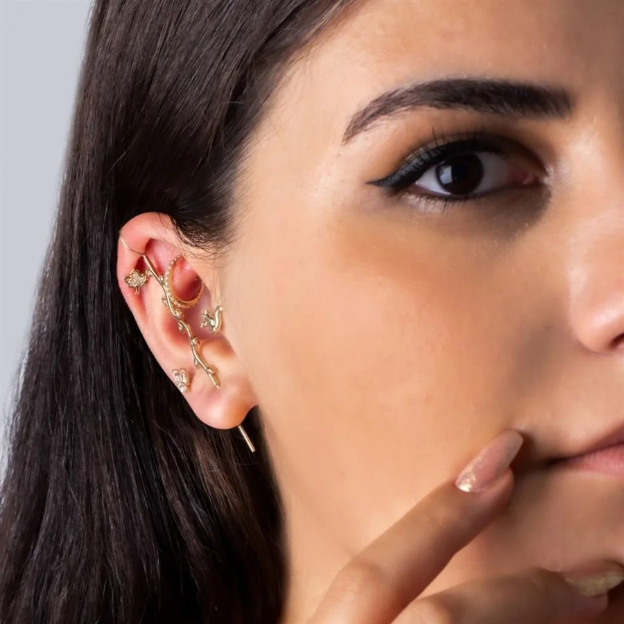 Markiz Taşlı Yaprak Altın Tragus Piercing - 3