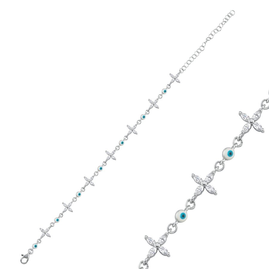 Markiz Taşlı Yonca Nazar Boncuklu Kadın Gümüş Bileklik - CNG Jewels
