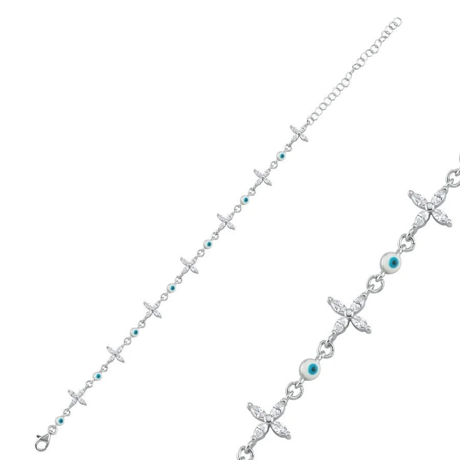 Markiz Taşlı Yonca Nazar Boncuklu Kadın Gümüş Bileklik - 1