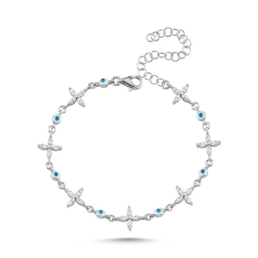 Markiz Taşlı Yonca Nazar Boncuklu Kadın Gümüş Bileklik - 2