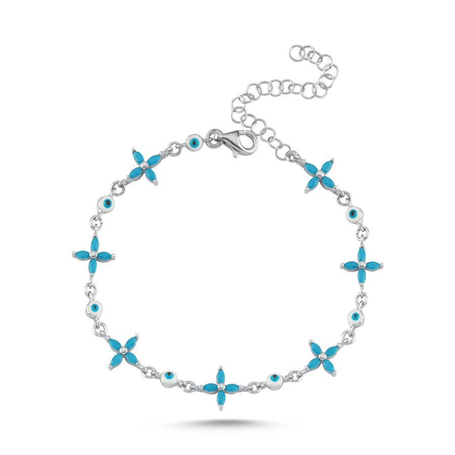 Markiz Turkuaz Yonca Nazar Boncuklu Kadın Gümüş Bileklik - CNG Jewels (1)