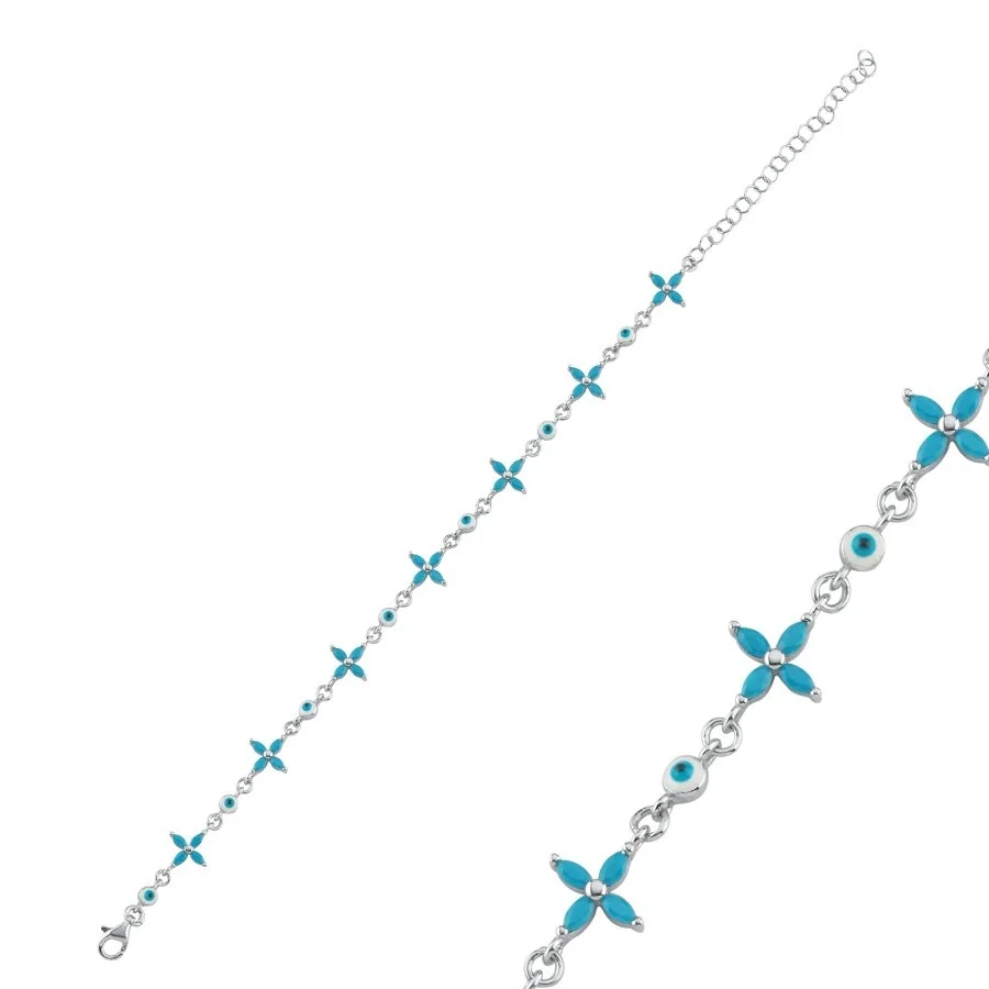 Markiz Turkuaz Yonca Nazar Boncuklu Kadın Gümüş Bileklik - 1