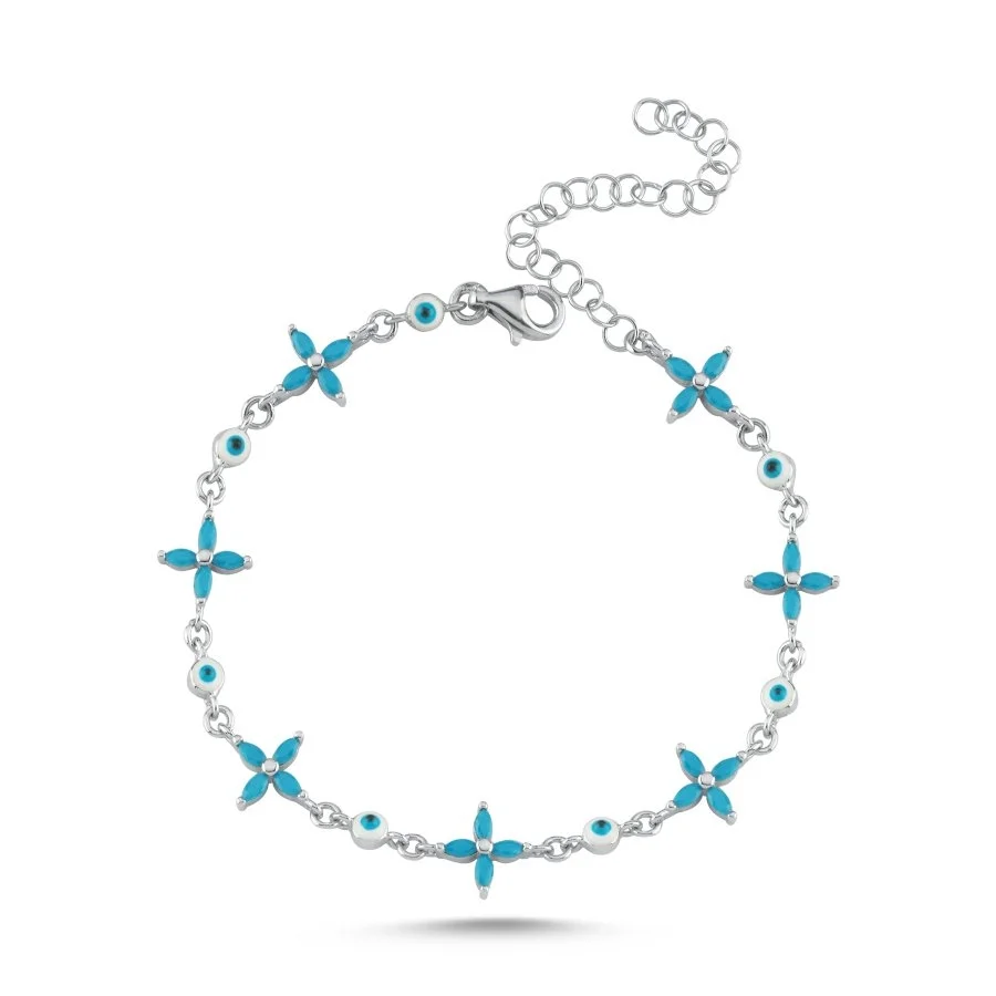 Markiz Turkuaz Yonca Nazar Boncuklu Kadın Gümüş Bileklik - 2