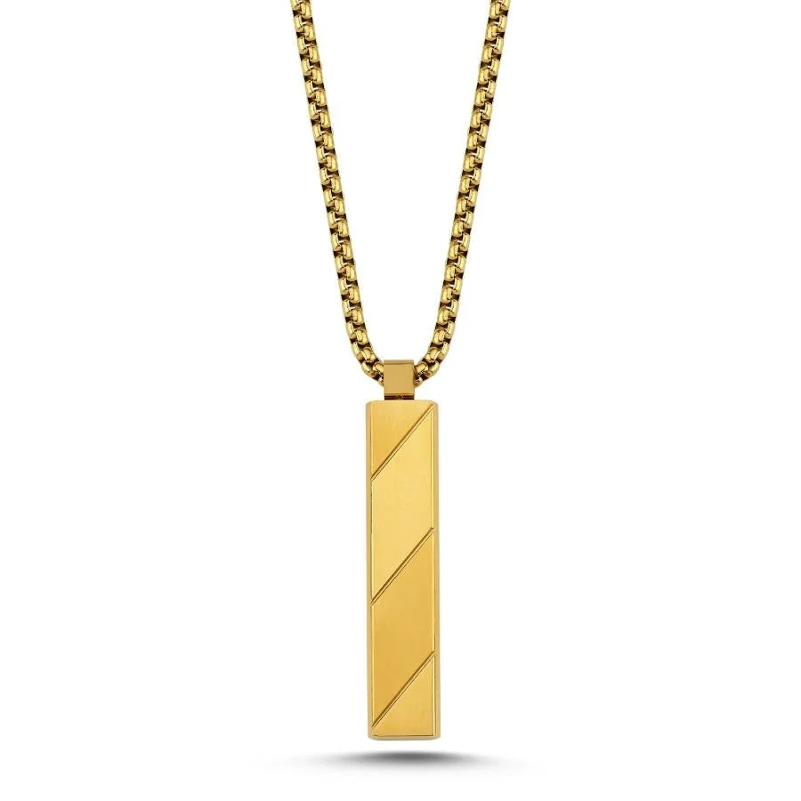 Mat Parlak Yassı Çubuk Gold Çelik Erkek Kolye - 1