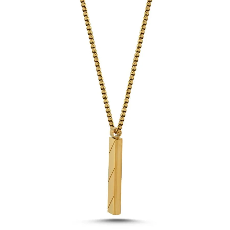 Mat Parlak Yassı Çubuk Gold Çelik Erkek Kolye - 2