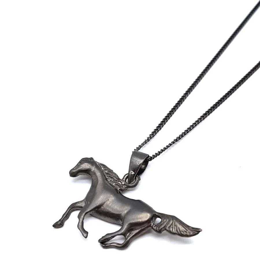 Mat Siyah Renk Koşan At Gümüş Erkek Kolye - 2