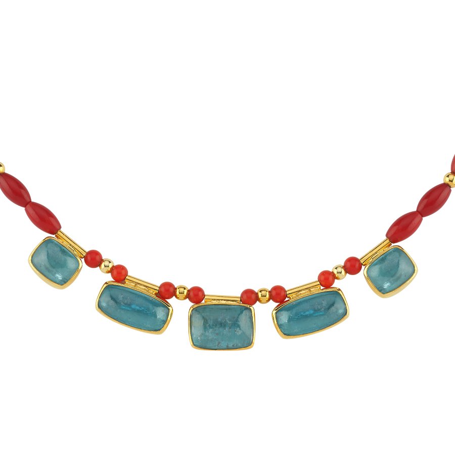 Mavi Kyanite ve Mercan Taşlı Özel Tasarım Gümüş Kolye - CNG Jewels