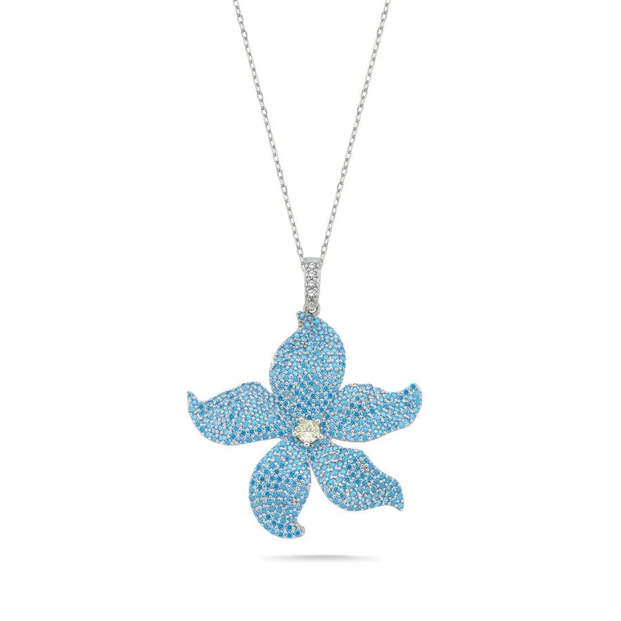 Mavi Lilyum Çiçeği Gümüş Kolye - 1