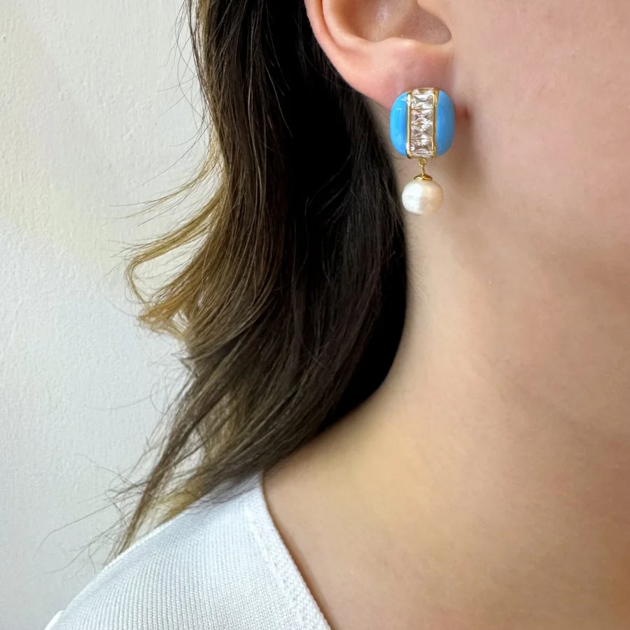 Mavi Mine Baget Taşlı İncili Kadın Gümüş Küpe - 2