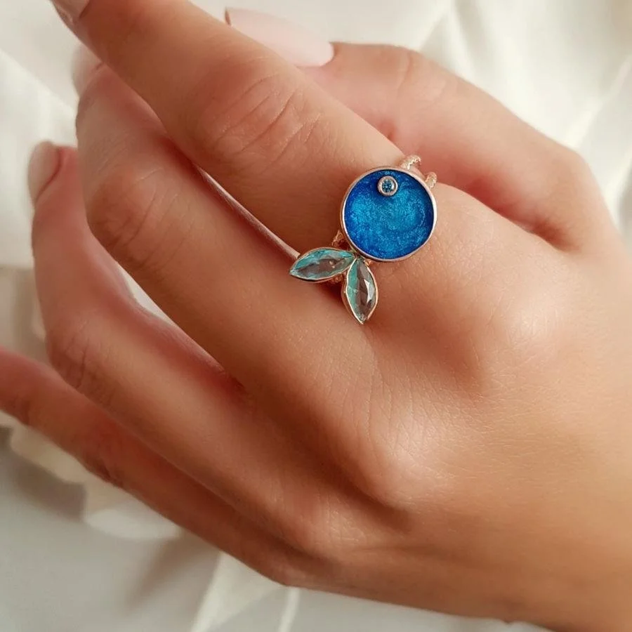 Blue Enameled Chubby Fish Silver Women's Ring - 1