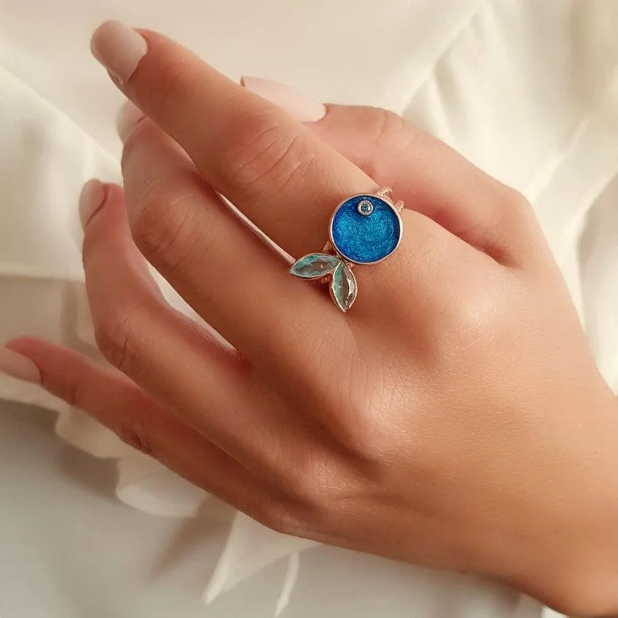 Blue Enameled Chubby Fish Silver Women's Ring - 2