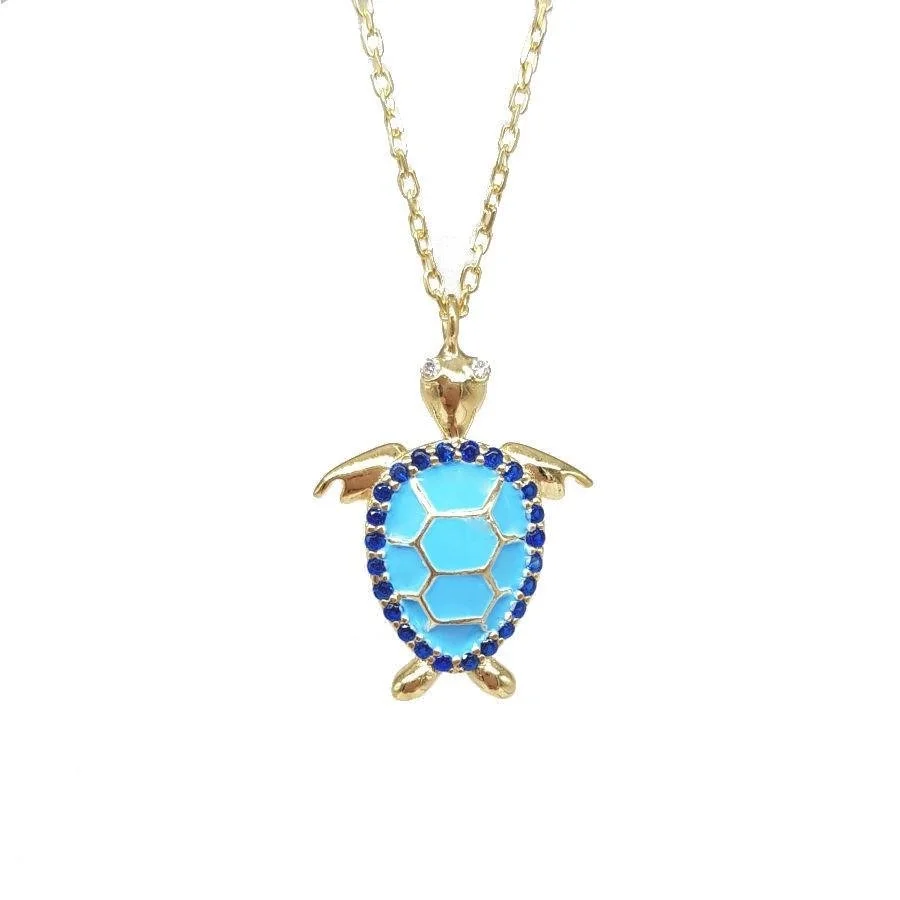 Blue Enameled Turtle Women's Silver Necklace - 1