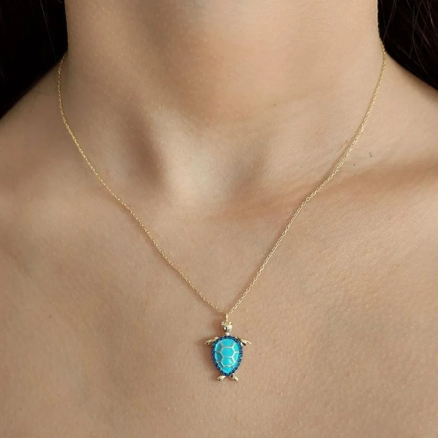 Blue Enameled Turtle Women's Silver Necklace - 2