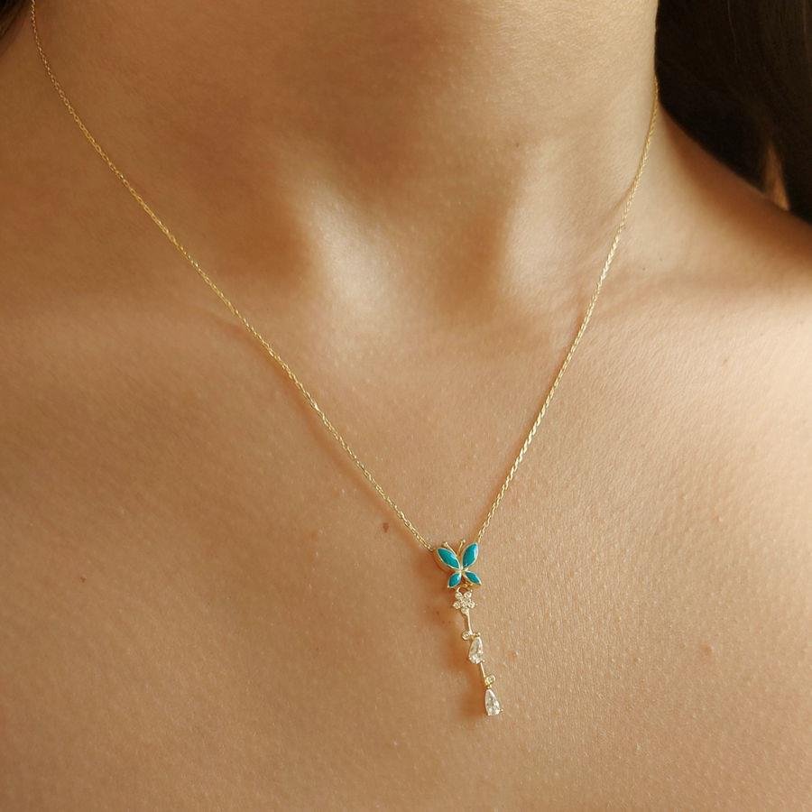Mavi Mineli Kelebek Gold Taşlı Gümüş Kolye - CNG Jewels