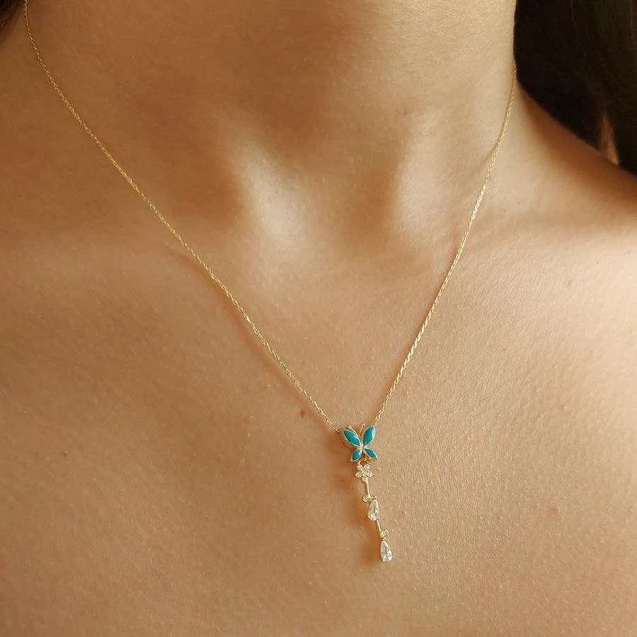 Mavi Mineli Kelebek Gold Taşlı Gümüş Kolye - 1