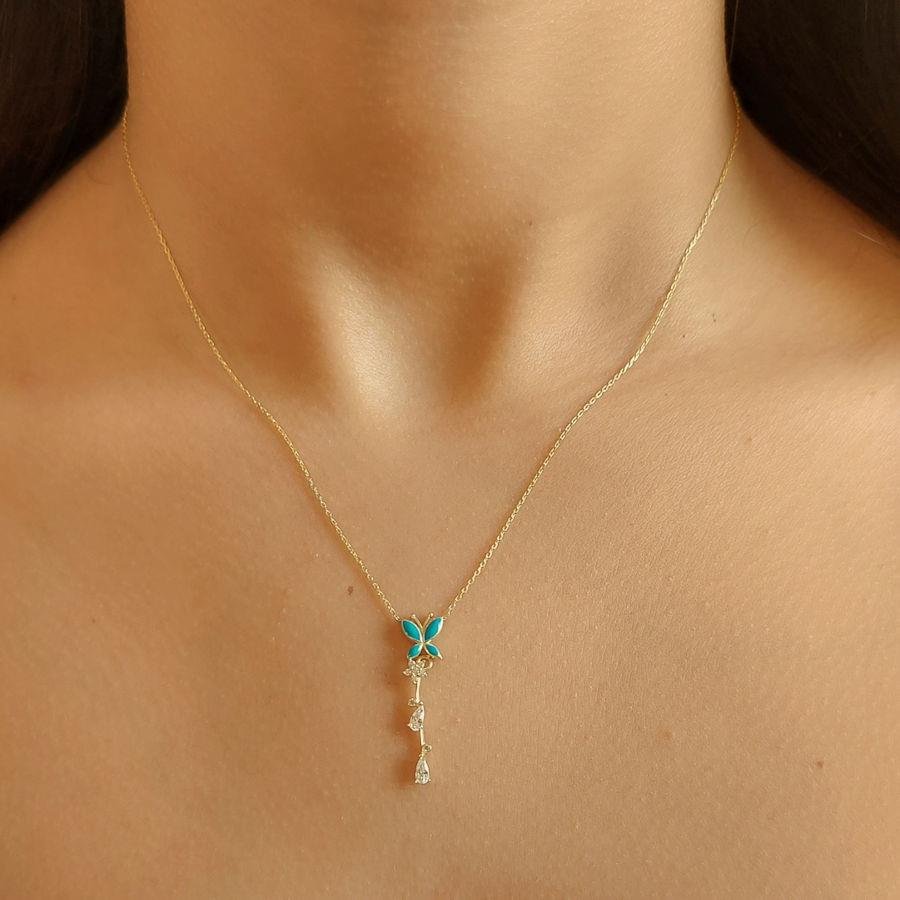 Mavi Mineli Kelebek Gold Taşlı Gümüş Kolye - CNG Jewels (1)