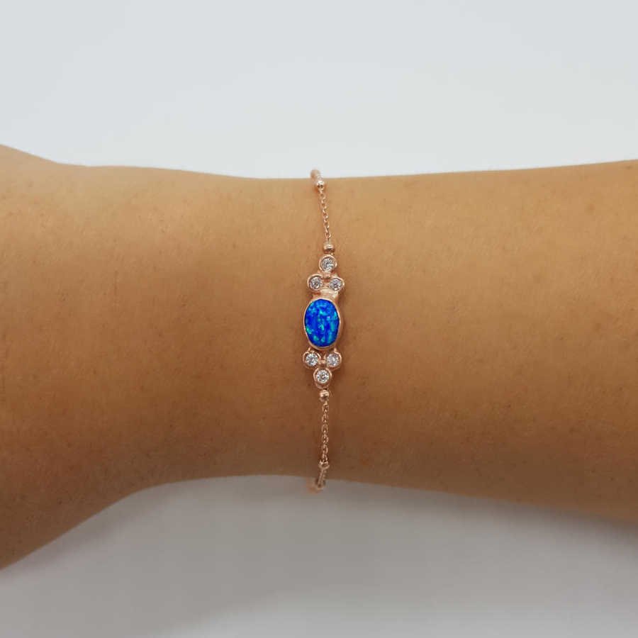 Blue Opal Stone Rose Silver Women's Bracelet - CNG Jewels