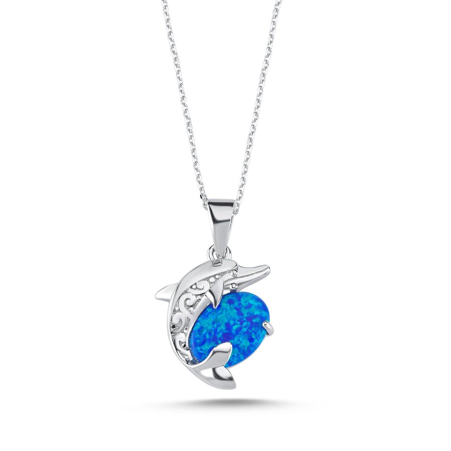 Blue Opal Stone Dolphin Women's Silver Necklace - CNG Jewels